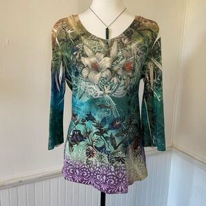IZOD - Multicolor Boho Whimsical Floral Lillies 3/4 Sleeve Top